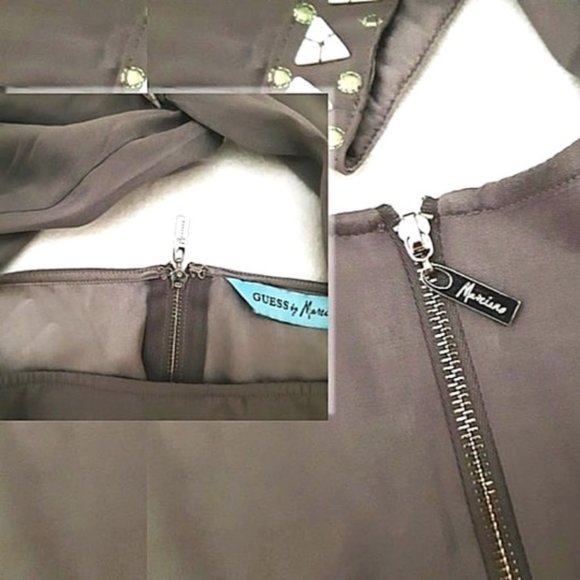 GUESS by MARCIANO Silk Blend Dress Embroidered MOP Sequin Button Grey Tu… - Picture 7 of 12